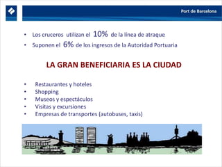 • Los cruceros utilizan el 10% de la línea de atraque
• Suponen el 6% de los ingresos de la Autoridad Portuaria
LA GRAN BENEFICIARIA ES LA CIUDAD
• Restaurantes y hoteles
• Shopping
• Museos y espectáculos
• Visitas y excursiones
• Empresas de transportes (autobuses, taxis)
 