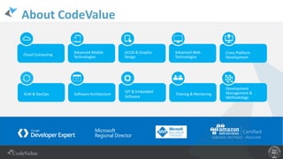 Cloud Computing
Advanced Mobile
Technologies
UI/UX & Graphic
Design
Cross Platform
Development
Advanced Web
Technologies
ALM & DevOps Software Architecture
IOT & Embedded
Software
Training & Mentoring
Development
Management &
Methodology
About CodeValue
 