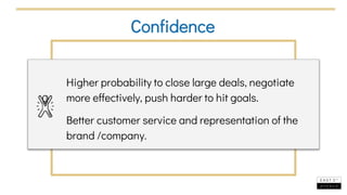 Confidence
Higher probability to close large deals, negotiate
more effectively, push harder to hit goals.
Better customer ...