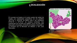 LOCALIZACIÓN
El municipio se localiza en la parte sureste del estado de
Puebla, sus coordenadas geográficas son los paralelos
18º17´30" y 18º23´00" de latitud norte y los meridianos
97º09´18" y 97º15´54" de longitud occidental. Sus
colindancias son al Norte con Ajalpan, al sur con San José
Miahuatlán y Coxcatlán, al Oriente con Ajalpan y Coxcatlán y
al Poniente con el Municipio de Altepexi y San José
Miahuatlán.
 