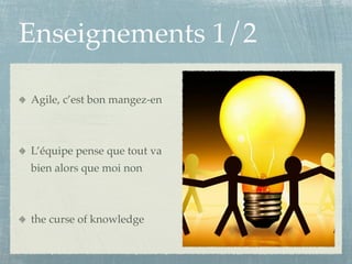 Enseignements 1/2

Agile, c’est bon mangez-en



L’équipe pense que tout va
bien alors que moi non



the curse of knowledge
 