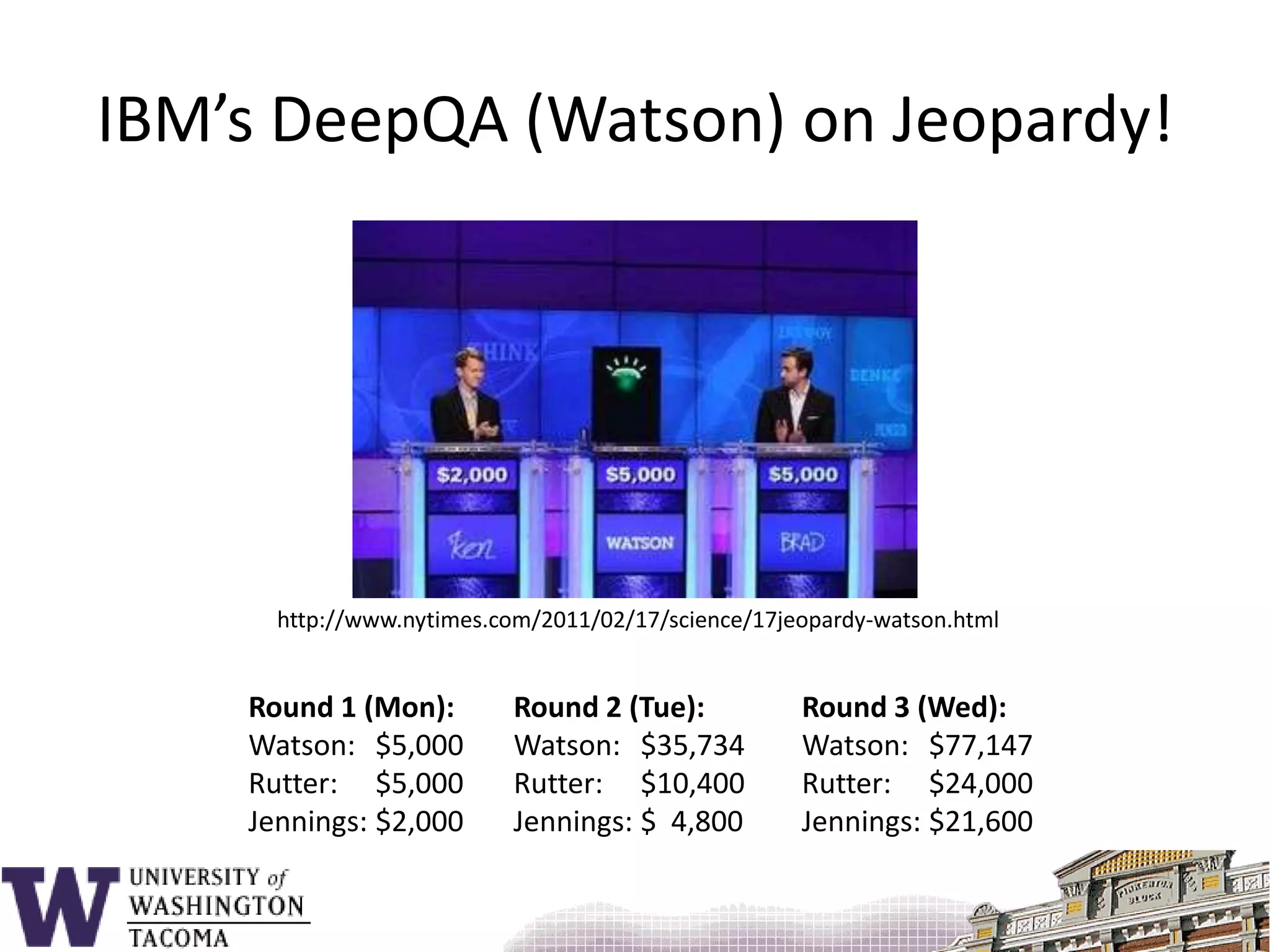 http://www.nytimes.com/2011/02/17/science/17jeopardy-watson.htmlRound 1 (Mon):Watson:	$5,000Rutter:	$5,000Jennings:	$2,000Round 2 (Tue):Watson:	$35,734Rutter:	$10,400Jennings:	$  4,800Round 3 (Wed):Watson:	$77,147Rutter:	$24,000Jennings:	$21,600IBM’s DeepQA (Watson) on Jeopardy!