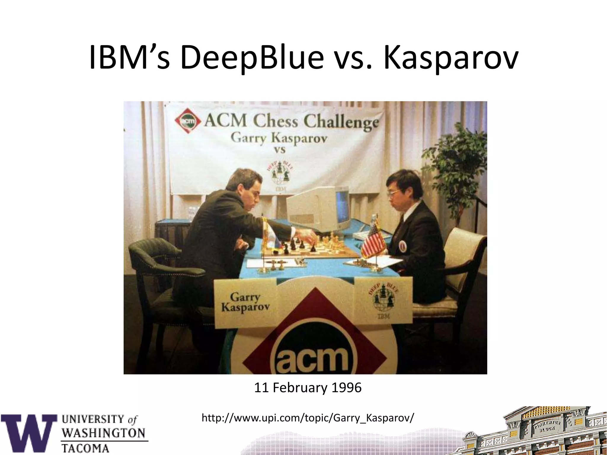 IBM’s DeepBlue vs. Kasparov11 February 1996http://www.upi.com/topic/Garry_Kasparov/