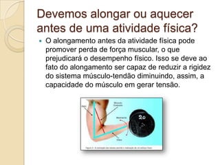 Devemos alongar ou aquecer
antes de uma atividade física?


O alongamento antes da atividade física pode
promover perda de força muscular, o que
prejudicará o desempenho físico. Isso se deve ao
fato do alongamento ser capaz de reduzir a rigidez
do sistema músculo-tendão diminuindo, assim, a
capacidade do músculo em gerar tensão.

 