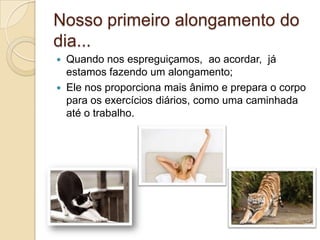 Nosso primeiro alongamento do
dia...
Quando nos espreguiçamos, ao acordar, já
estamos fazendo um alongamento;
 Ele nos proporciona mais ânimo e prepara o corpo
para os exercícios diários, como uma caminhada
até o trabalho.


 