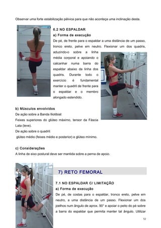 Observar uma forte estabilização pélvica para que não aconteça uma inclinação desta.
6.2 NO ESPALDAR
a) Forma de execução
De pé, de frente para o espaldar a uma distância de um passo,
tronco ereto, pelve em neutro. Flexionar um dos quadris,
aduzindo-o sobre a linha
média corporal e apoiando o
calcanhar numa barra do
espaldar abaixo da linha dos
quadris. Durante todo o
exercício é fundamental
manter o quadril de frente para
o espaldar e o membro
alongado estendido.
b) Músculos envolvidos
De ação sobre a Banda Iliotibial:
Feixes superiores do glúteo máximo, tensor da Fáscia
Lata (leve).
De ação sobre o quadril:
glúteo médio (feixes médio e posterior) e glúteo mínimo.
c) Considerações
A linha de eixo postural deve ser mantida sobre a perna de apoio.
7) RETO FEMORAL
7.1 NO ESPALDAR C/ LIMITAÇÃO
a) Forma de execução
De pé, de costas para o espaldar, tronco ereto, pelve em
neutro, a uma distância de um passo. Flexionar um dos
joelhos num ângulo de aprox. 90° e apoiar o peito do pé sobre
a barra do espaldar que permita manter tal ângulo. Utilizar
12
 