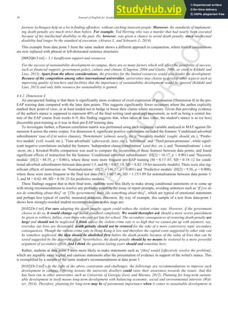 U
N
C
O
R
R
E
C
T
E
D
P
R
O
O
F
10 Journal of English for Academic Purposes xxx (2016) xxx-xxx
forensic techniques help us a lot in finding offenders, without catching innocent people. Moreover, the standards of implement-
ing death penalty are much strict than before. For example, Ted Herring who was a murder that had nearly been executed
because of his intellectual disability in the past. He, however, was given a chance to avoid death penalty, since intellectual
disability had longer be the standard of execution. (Alvarez L. and Schwartz J., 2014)
This example from data point 3 from the same student shows a different approach to conjunction, where lexical conjunctions
are now replaced with phrasal or left-dislocated sentence structures:
[0082Q6-3.txt] – 3.1 Insufficient support and resources
For the success of sustainability development on campus, there are so many factors which will affect the possibility of success,
such as financial support, government policy, culture and climate (Clugston, 2004 and Giulio, 2006, as cited in Kildahl and
Liao, 2013). Apart from the above considerations, the priorities for the limited resources would also hinder the development.
Because of the competition among other international universities, universities may choose to develop other aspects such as
improving quality of teachers and facilities that the importance of sustainability development would be ignored (Kildahl and
Liao, 2013) and only little resource for sustainability is gained.
4.4.2. Dimension 4
An unexpected finding is that there is significantly more evidence of overt expression of persuasion (Dimension 4) in the pre-
EAP training data compared with the later data points. This suggests significantly fewer occasions where the author explicitly
marked their point of view, or at least tended not to hedge or boost their claims where necessary. Given that providing evidence
of the author's stance is supposed to represent 40% of the final writing (and speaking) assessment, as well as being a central fea-
ture of the EAP course from weeks 6–9, this finding suggests that, when taken at face value, the student's stance is as (or less)
discernible post-training as it was in their pre-EAP training data.
To investigate further, a Pearson correlation matrix was performed using each linguistic variable analysed in MAT against Di-
mension 4 across the entire corpus. For dimension 4, significant positive correlations included the features ‘Conditional adverbial
subordinators’ (use of if or unless clauses), ‘Downtoners’ (almost, nearly, etc.), ‘Necessity modals’ (ought, should, etc.), ‘Predic-
tive modals’ (will, would, etc.), ‘Time adverbials’ (afterwards, later, etc.), ‘Infinitives’ and ‘Third person pronouns’, while signif-
icant negative correlations included the features ‘Independent clause coordination’ (and this, etc.), and ‘Nominalizations’ (-tion,
-ment, etc.). Kruskal-Wallis comparison was used to compare the occurrence of these features between data points, and found
significant effects of instruction for the features ‘Conditional adverbial subordinators’ (H[2] = 16.17, p < 0.001) and ‘Necessity
modals’ (H[2] = 84.35, p < 0.001), where these were more frequent pre-EAP training (M = 0.17/.07, SD = 0.19/.12 for condi-
tional adverbial subordinators between data point 1/3, and M = 0.67/.19, SD = 0.42/.19 for necessity modals). There were also sig-
nificant effects of instruction on ‘Nominalizations’ (H[2] = 146.37, p < 0.001) and ‘Predictive modals’ (H[2] = 9.56, p = 0.008),
where these were more frequent in the final test data (M = 3.60/7.46, SD = 1.15/1.89 for nominalisations between data points 1/
3, and M = 0.42/.49, SD = 0.38/.23 for predictive modals).
These findings suggest that in their final tests, students were less likely to make strong conditional statements or to come up
with strong recommendations to resolve any problems posed by the essay or report prompts, avoiding sentences such as ‘If [we do
not do something about this]’ or ‘[The government] must [do something about this]’, which are typical of emotional statements
and perhaps less typical of careful, measured academic discourse. By way of example, this sample of a text from data-point 1
shows how strongly-worded student recommendations at this stage are:
[0102Z4-1.txt] For sure adopting the death penalty again could reduce the violent crime rate. However, if the government
choose to do so, it would change our moral standard completely. We would thereafter ask should a more severe punishment
be given to robbers, fullies, even those who just get late for school. The secondary consequences of restoring death penalty are
large and should not be neglected. I think unless the violent crime rate is so high that we cannot put up with anymore, say,
everyday our lives are threatened, death penalty should not be restored for the sake of a more controversy topic secondary
consequences. Though the violent crime rate in Hong Kong is low and therefore the capital costs suggested by other side can
be somehow neglected, the idea should be abolished first before the death penalty because of the value of lives that can be
saved suggested by the deterrent effect. Nevertheless, the death penalty should by no means be restored by a more powerful
argument of secondary effect. And I think the question lasting years should end sometime here.
Rather, students at data point 3 were more likely to make statements such as ‘[this] would [effectively resolve the problem],
which are arguably more logical and cautious statements after the presentation of evidence in support of the writer's stance. This
is exemplified by a sample of the same student's recommendations at data point 3
[0102Z4-3.txt] - In the light of the above constraints and challenges, the followings are recommendations to improve such
development in campus. Offering lessons the university dwellers could raise their awareness towards the issues. And this
has been run in other universities such as University of Georgia (Levy and Marans, 2012). Planning for long-term sustain-
able development in itself means long-term development with balancing economic, social and environmental interests (Wal-
ter, 2014). Therefore, planning for long-term may be of paramount importance when it comes to sustainable development in
 