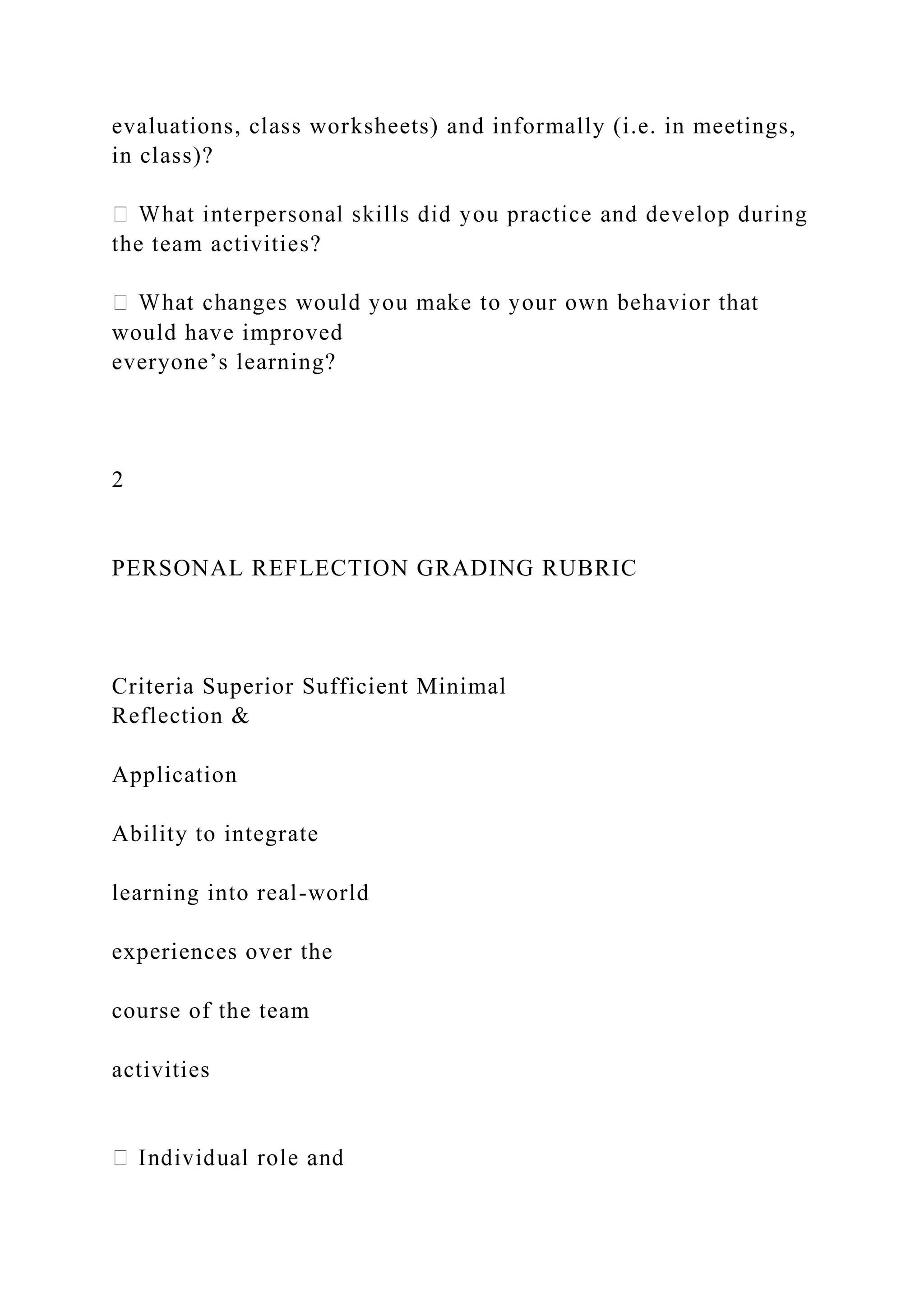 evaluations, class worksheets) and informally (i.e. in meetings,
in class)?
the team activities?
would have improved
everyone’s learning?
2
PERSONAL REFLECTION GRADING RUBRIC
Criteria Superior Sufficient Minimal
Reflection &
Application
Ability to integrate
learning into real-world
experiences over the
course of the team
activities
 