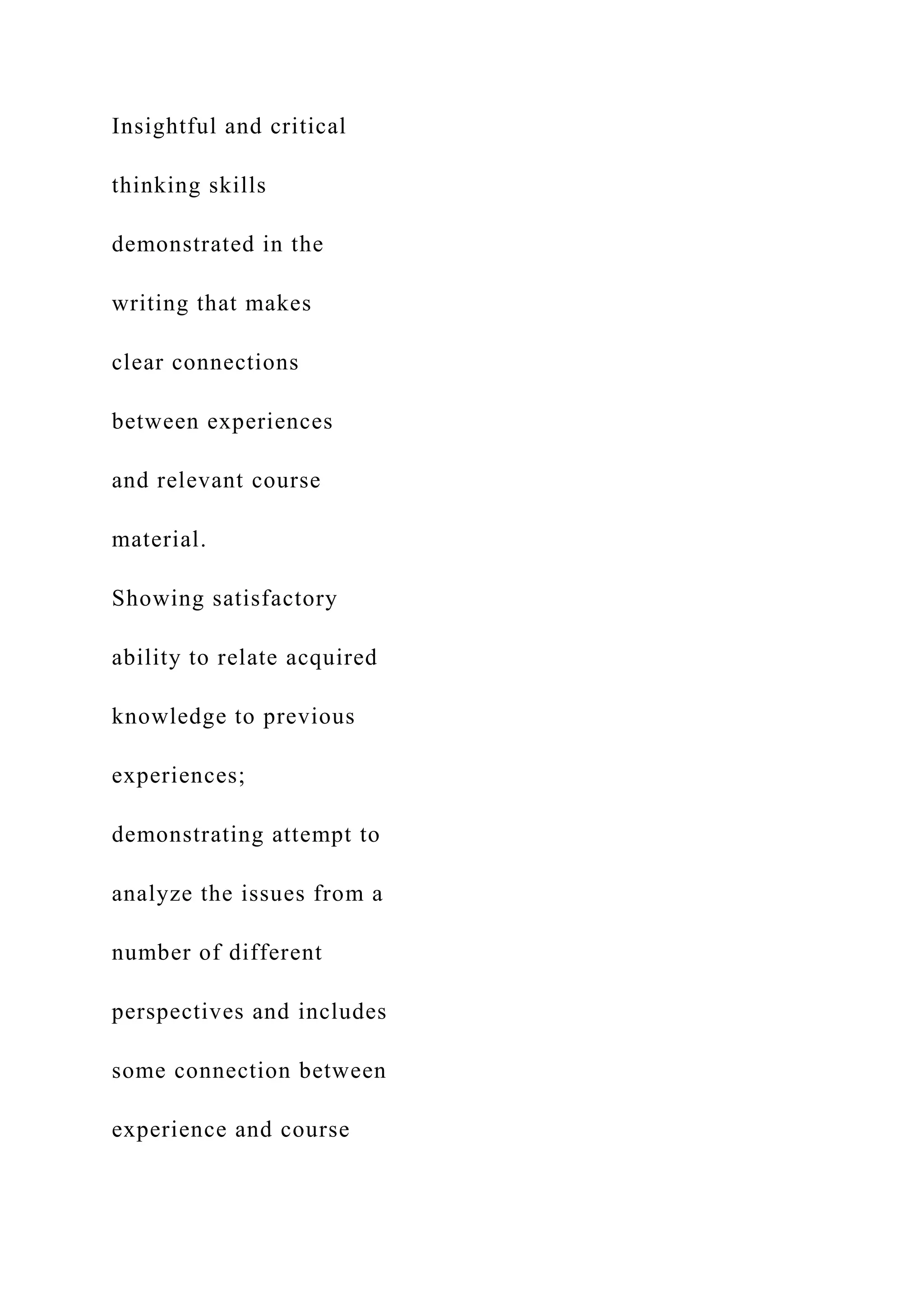 Insightful and critical
thinking skills
demonstrated in the
writing that makes
clear connections
between experiences
and relevant course
material.
Showing satisfactory
ability to relate acquired
knowledge to previous
experiences;
demonstrating attempt to
analyze the issues from a
number of different
perspectives and includes
some connection between
experience and course
 