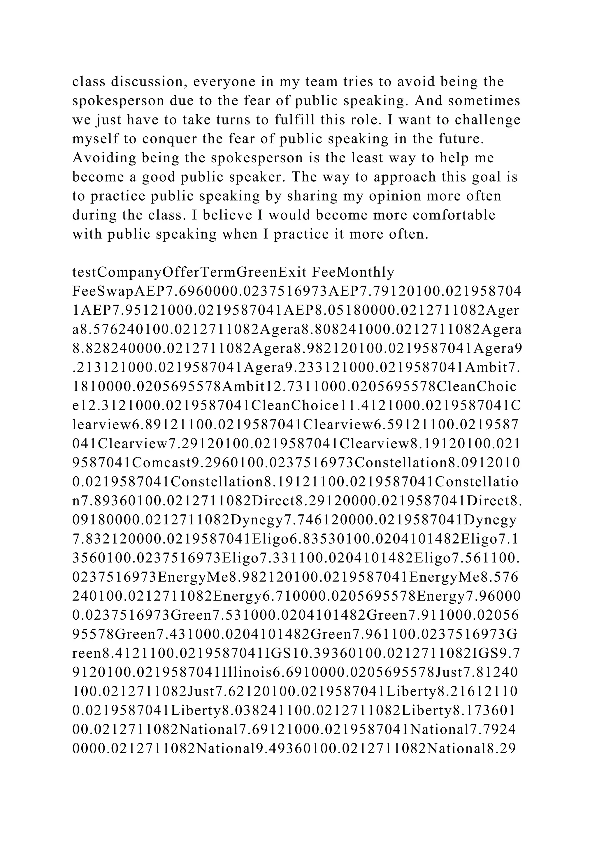 class discussion, everyone in my team tries to avoid being the
spokesperson due to the fear of public speaking. And sometimes
we just have to take turns to fulfill this role. I want to challenge
myself to conquer the fear of public speaking in the future.
Avoiding being the spokesperson is the least way to help me
become a good public speaker. The way to approach this goal is
to practice public speaking by sharing my opinion more often
during the class. I believe I would become more comfortable
with public speaking when I practice it more often.
testCompanyOfferTermGreenExit FeeMonthly
FeeSwapAEP7.6960000.0237516973AEP7.79120100.021958704
1AEP7.95121000.0219587041AEP8.05180000.0212711082Ager
a8.576240100.0212711082Agera8.808241000.0212711082Agera
8.828240000.0212711082Agera8.982120100.0219587041Agera9
.213121000.0219587041Agera9.233121000.0219587041Ambit7.
1810000.0205695578Ambit12.7311000.0205695578CleanChoic
e12.3121000.0219587041CleanChoice11.4121000.0219587041C
learview6.89121100.0219587041Clearview6.59121100.0219587
041Clearview7.29120100.0219587041Clearview8.19120100.021
9587041Comcast9.2960100.0237516973Constellation8.0912010
0.0219587041Constellation8.19121100.0219587041Constellatio
n7.89360100.0212711082Direct8.29120000.0219587041Direct8.
09180000.0212711082Dynegy7.746120000.0219587041Dynegy
7.832120000.0219587041Eligo6.83530100.0204101482Eligo7.1
3560100.0237516973Eligo7.331100.0204101482Eligo7.561100.
0237516973EnergyMe8.982120100.0219587041EnergyMe8.576
240100.0212711082Energy6.710000.0205695578Energy7.96000
0.0237516973Green7.531000.0204101482Green7.911000.02056
95578Green7.431000.0204101482Green7.961100.0237516973G
reen8.4121100.0219587041IGS10.39360100.0212711082IGS9.7
9120100.0219587041Illinois6.6910000.0205695578Just7.81240
100.0212711082Just7.62120100.0219587041Liberty8.21612110
0.0219587041Liberty8.038241100.0212711082Liberty8.173601
00.0212711082National7.69121000.0219587041National7.7924
0000.0212711082National9.49360100.0212711082National8.29
 