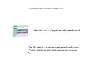 la posmodernidad como marco de la flexibilidad total Relación salarial =/ regulador jurídico de lo social Cambio frenético: marginación de grandes colectivos Nuevo elitismo meritocrático y consumo ostentoso … 