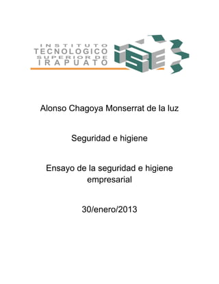 Alonso Chagoya Monserrat de la luz
Seguridad e higiene
Ensayo de la seguridad e higiene
empresarial
30/enero/2013
 