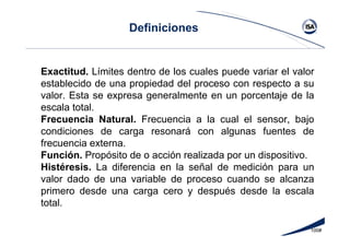 100#
Definiciones
Exactitud. Límites dentro de los cuales puede variar el valor
establecido de una propiedad del proceso con respecto a su
valor. Esta se expresa generalmente en un porcentaje de la
escala total.
Frecuencia Natural. Frecuencia a la cual el sensor, bajo
condiciones de carga resonará con algunas fuentes de
frecuencia externa.
Función. Propósito de o acción realizada por un dispositivo.
Histéresis. La diferencia en la señal de medición para un
valor dado de una variable de proceso cuando se alcanza
primero desde una carga cero y después desde la escala
total.
 