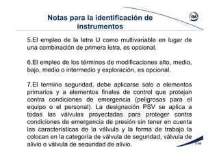 118#
Notas para la identificación de
instrumentos
5.El empleo de la letra U como multivariable en lugar de
una combinación de primera letra, es opcional.
6.El empleo de los términos de modificaciones alto, medio,
bajo, medio o intermedio y exploración, es opcional.
7.El termino seguridad, debe aplicarse solo a elementos
primarios y a elementos finales de control que protejan
contra condiciones de emergencia (peligrosas para el
equipo o el personal). La designación PSV se aplica a
todas las válvulas proyectadas para proteger contra
condiciones de emergencia de presión sin tener en cuenta
las características de la válvula y la forma de trabajo la
colocan en la categoría de válvula de seguridad, válvula de
alivio o válvula de seguridad de alivio.
 