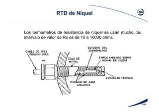 199#
Los termómetros de resistencia de níquel se usan mucho. Su
intervalo de valor de Ro es de 10 a 10000 ohms.
RTD de Niquel
 