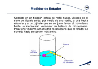302#
Medidor de flotador
Consiste en un flotador, esfera de metal hueca, ubicado en el
seno del líquido unido, por medio de una varilla, a una flecha
rotatoria y a un cojinete que en conjunto llevan el movimiento
hasta un mecanismo transmisor de balance de movimientos.
Para tener máxima sensitividad es necesario que el flotador se
sumerja hasta su sección más ancha.
 