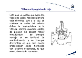 590#
Válvulas tipo globo de caja
Esta usa un pistón que hace las
veces de tapón, rodeado por una
caja cilíndrica que a la vez de
sostener el anillo del asiento
define la característica de la
válvula, permite mayores caídas
de presión sin causar mayor
inestabilidad. Su principal
ventaja es su facilidad de
mantenimiento, y su principal
desventaja es que sólo puede
proporcionar cierre hermético
con diseños especiales, lo que
eleva el costo de la válvula.
 