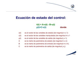 672#
Ecuación de estado del control:
x(t) = A*x(t) - B*u(t)
y(t)=C*x(t) donde:
x(t) es el vector de las variables de estado (de magnitud n x 1)
u(t) es el vector de las variables manipuladas (de magnitud m x 1
y(t) es el vector de las variables de salida (de magnitud j x 1)
A es la matriz de parámetros de estado (de magnitud n x n)
B es la matriz de parámetros de entrada (de magnitud m x m)
C es la matriz de parámetros de salida (de magnitud j x j)
 