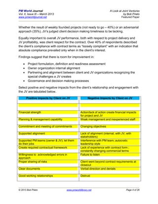 PM World Journal                                                         A Look at Joint Ventures
Vol. II, Issue III – March 2013                                                     by Bob Prieto
www.pmworldjournal.net                                                            Featured Paper



Whether the result of weakly founded projects (not ready to go – 40%) or an adversarial
approach (35%), JV’s judged client decision making timeliness to be lacking.

Equally important to overall JV performance, both with respect to project delivery and
JV profitability, was client respect for the contract. Over 40% of respondents described
the client’s compliance with contract terms as “loosely compliant” with an indication that
absolute compliance prevailed only when in the client’s interest.

Findings suggest that there is room for improvement in:

        Project formulation, definition and readiness assessment
        Owner organization internal alignment
        Partnering and alignment between client and JV organizations recognizing the
         special challenges a JV creates
        Governance and decision making processes

Select positive and negative impacts from the client’s relationship and engagement with
the JV are tabulated below.

        Positive Impacts by Client on JV               Negative Impacts by Client on JV



Financial strength                               Action/lack of action create financial impacts
                                                 for project and JV
Planning & management capability                 Weak management and inexperienced staff

Commitment and meeting of commitments            Changing objectives

Supported alignment                              Lack of alignment (internal, with JV, with
                                                 stakeholders)
Supported PM teams (owner & JV); let them        Interference with PM team; autocratic
do their jobs                                    leadership style
Create required contractual framework            Lack of experience with contract form ;
                                                 constantly changing commercial terms
Willingness to acknowledged errors in            Failure to listen
approach
Proper sharing of risks                          Client went beyond contract requirements at
                                                 closeout
Clear documents                                  Verbal direction and denials

Good working relationships                       Distrust



© 2013 Bob Prieto                    www.pmworldlibrary.net                           Page 4 of 26
 