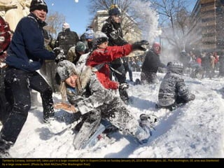 A man participates in a snowball fight at Dupont Circle January 24, 2016 in Washington, DC. (Photo by Alex Wong/Getty Imag...