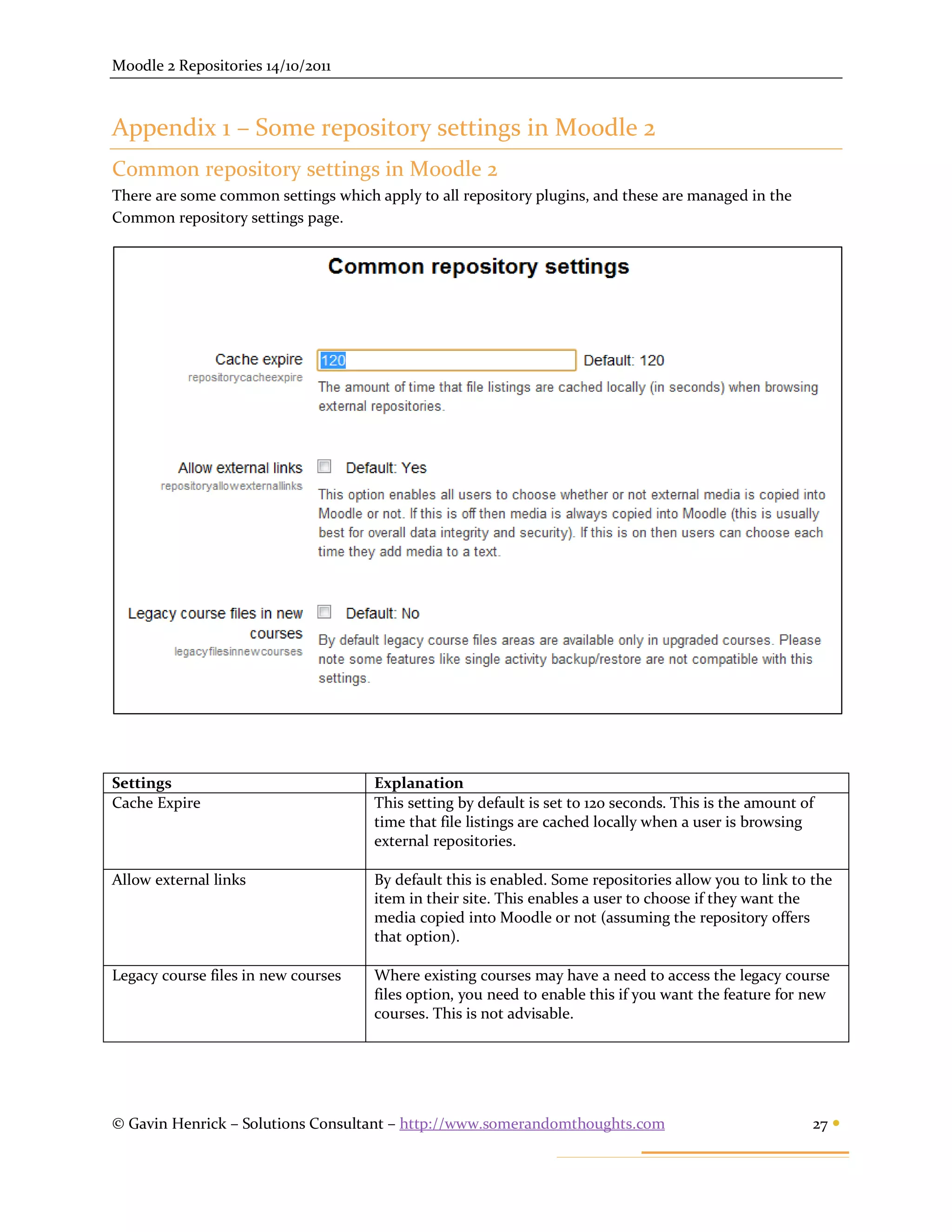 Moodle 2 Repositories 14/10/2011



Appendix 1 – Some repository settings in Moodle 2
Common repository settings in Moodle 2
There are some common settings which apply to all repository plugins, and these are managed in the
Common repository settings page.




Settings                             Explanation
Cache Expire                         This setting by default is set to 120 seconds. This is the amount of
                                     time that file listings are cached locally when a user is browsing
                                     external repositories.

Allow external links                 By default this is enabled. Some repositories allow you to link to the
                                     item in their site. This enables a user to choose if they want the
                                     media copied into Moodle or not (assuming the repository offers
                                     that option).

Legacy course files in new courses   Where existing courses may have a need to access the legacy course
                                     files option, you need to enable this if you want the feature for new
                                     courses. This is not advisable.




© Gavin Henrick – Solutions Consultant – http://www.somerandomthoughts.com                              27 
 