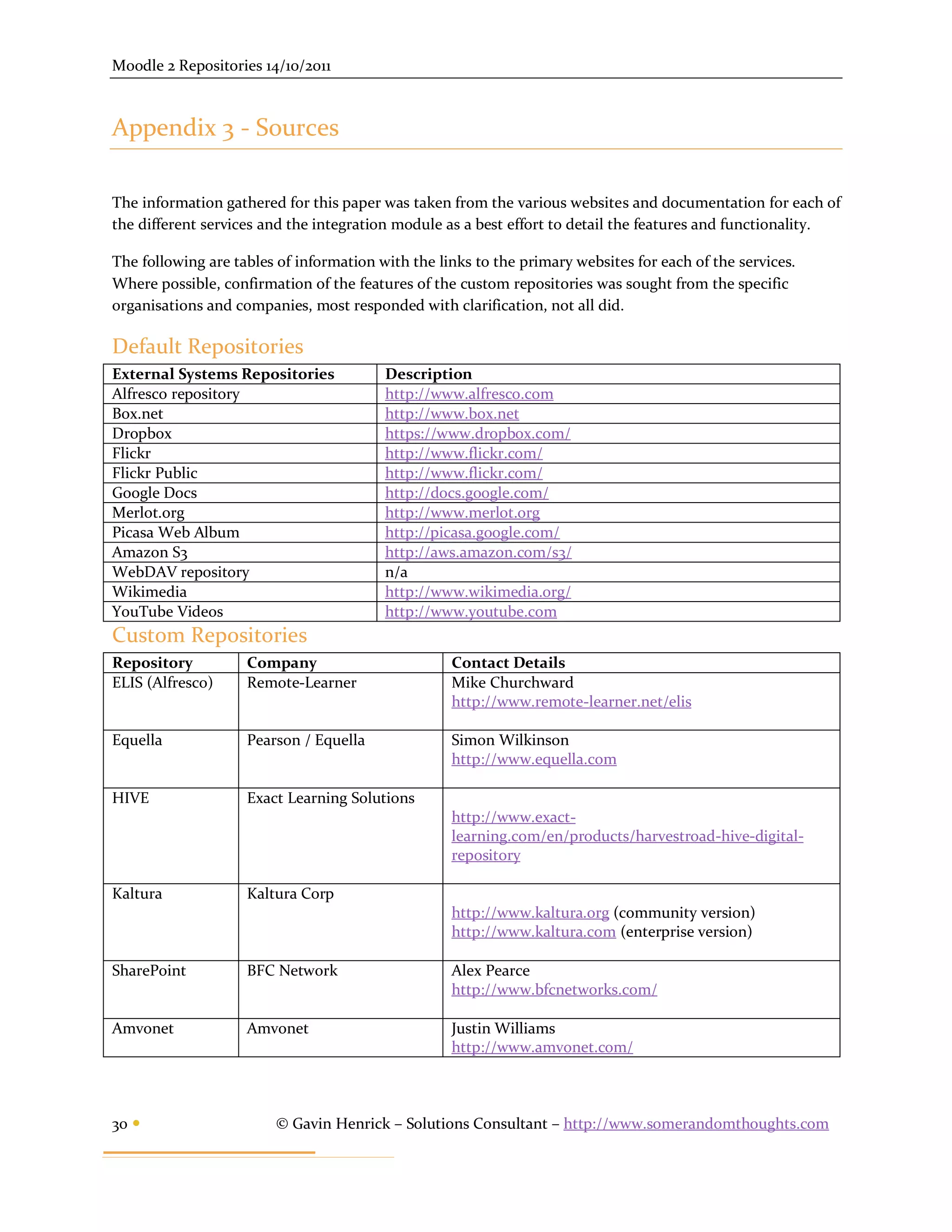 Moodle 2 Repositories 14/10/2011



Appendix 3 - Sources

The information gathered for this paper was taken from the various websites and documentation for each of
the different services and the integration module as a best effort to detail the features and functionality.

The following are tables of information with the links to the primary websites for each of the services.
Where possible, confirmation of the features of the custom repositories was sought from the specific
organisations and companies, most responded with clarification, not all did.

Default Repositories
External Systems Repositories            Description
Alfresco repository                      http://www.alfresco.com
Box.net                                  http://www.box.net
Dropbox                                  https://www.dropbox.com/
Flickr                                   http://www.flickr.com/
Flickr Public                            http://www.flickr.com/
Google Docs                              http://docs.google.com/
Merlot.org                               http://www.merlot.org
Picasa Web Album                         http://picasa.google.com/
Amazon S3                                http://aws.amazon.com/s3/
WebDAV repository                        n/a
Wikimedia                                http://www.wikimedia.org/
YouTube Videos                           http://www.youtube.com
Custom Repositories
Repository          Company                        Contact Details
ELIS (Alfresco)     Remote-Learner                 Mike Churchward
                                                   http://www.remote-learner.net/elis

Equella             Pearson / Equella              Simon Wilkinson
                                                   http://www.equella.com

HIVE                Exact Learning Solutions
                                                   http://www.exact-
                                                   learning.com/en/products/harvestroad-hive-digital-
                                                   repository

Kaltura             Kaltura Corp
                                                   http://www.kaltura.org (community version)
                                                   http://www.kaltura.com (enterprise version)

SharePoint          BFC Network                    Alex Pearce
                                                   http://www.bfcnetworks.com/

Amvonet             Amvonet                        Justin Williams
                                                   http://www.amvonet.com/



30                     © Gavin Henrick – Solutions Consultant – http://www.somerandomthoughts.com
 