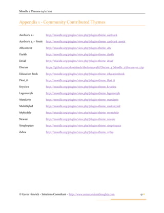 Moodle 2 Themes 04/11/2011



Appendix 1 - Community Contributed Themes

Aardvark 2.1            http://moodle.org/plugins/view.php?plugin=theme_aardvark

Aardvark 2.1 - Postit   http://moodle.org/plugins/view.php?plugin=theme_aardvark_postit

AllContent              http://moodle.org/plugins/view.php?plugin=theme_allc

Darkb                   http://moodle.org/plugins/view.php?plugin=theme_darkb

Decaf                   http://moodle.org/plugins/view.php?plugin=theme_decaf

Discuss                 https://github.com/downloads/thedannywahl/Discuss_4_Moodle_2/discuss-v0.1.zip

Education Book          http://moodle.org/plugins/view.php?plugin=theme_educationbook

Flexi_ii                http://moodle.org/plugins/view.php?plugin=theme_flexi_ii

Krystle2                http://moodle.org/plugins/view.php?plugin=theme_krystle2

Lagomorph               http://moodle.org/plugins/view.php?plugin=theme_lagomorph

Mandarin                http://moodle.org/plugins/view.php?plugin=theme_mandarin

MultiStyled             http://moodle.org/plugins/view.php?plugin=theme_multistyled

MyMobile                http://moodle.org/plugins/view.php?plugin=theme_mymobile

Newsie                  http://moodle.org/plugins/view.php?plugin=theme_newsie

Simplespace             http://moodle.org/plugins/view.php?plugin=theme_simplespace

Zebra                   http://moodle.org/plugins/view.php?plugin=theme_zebra




© Gavin Henrick – Solutions Consultant – http://www.somerandomthoughts.com                        51 
 