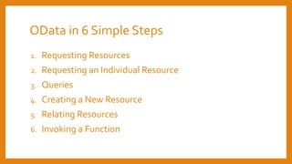 OData in 6 Simple Steps
1. Requesting Resources
2. Requesting an Individual Resource
3. Queries
4. Creating a New Resource
5. Relating Resources
6. Invoking a Function
 
