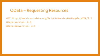 OData – Requesting Resources
GET http://services.odata.org/TripPinServiceRW/People HTTP/1.1
OData-Version: 4.0
OData-MaxVersion: 4.0
 