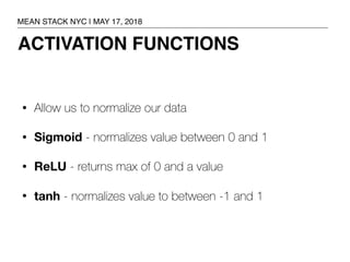 • Allow us to normalize our data
• Sigmoid - normalizes value between 0 and 1
• ReLU - returns max of 0 and a value
• tanh...