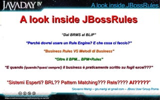A look inside JBossRules A look inside JBossRules “ Dal BRMS al BLiP” “ Perchè dovrei usare un Rule Engine? E che cosa ci faccio?” “ Business Rules VS Metodi di Business” “ Oltre il BPM... BPM+Rules” “ E quando ( quando?quasi sempre! ) il business è praticamente scritto su fogli excel???” “ Sistemi Esperti? BRL?? Pattern Matching??? Rete????  AI????? ” 