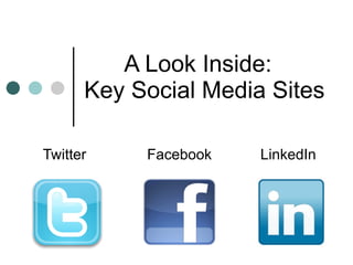 A Look Inside:  Key Social Media Sites Twitter  Facebook  LinkedIn 