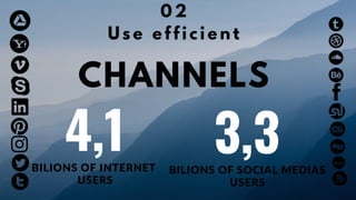 CHANNELS
0 2
U s e e f f i c i e n t
4,1BILIONS OF INTERNET
USERS
3,3BILIONS OF SOCIAL MEDIAS
USERS
 