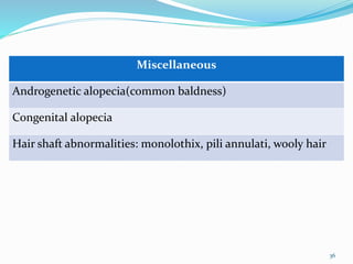 Miscellaneous
Androgenetic alopecia(common baldness)
Congenital alopecia
Hair shaft abnormalities: monolothix, pili annulati, wooly hair
36
 