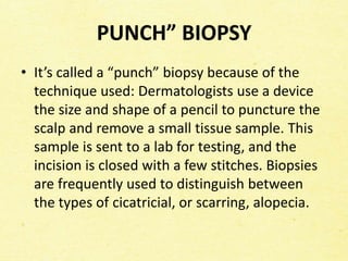 PUNCH” BIOPSY
• It’s called a “punch” biopsy because of the
technique used: Dermatologists use a device
the size and shape of a pencil to puncture the
scalp and remove a small tissue sample. This
sample is sent to a lab for testing, and the
incision is closed with a few stitches. Biopsies
are frequently used to distinguish between
the types of cicatricial, or scarring, alopecia.
 