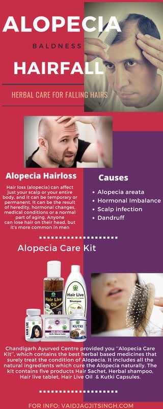 ALOPECIA
HAIRFALL
Hair loss (alopecia) can affect
just your scalp or your entire
body, and it can be temporary or
permanent. It can be the result
of heredity, hormonal changes,
medical conditions or a normal
part of aging. Anyone
can lose hair on their head, but
it's more common in men
Alopecia areata
Hormonal Imbalance
Scalp infection
Dandruff
Alopecia Care Kit
Chandigarh Ayurved Centre provided you ‘’Alopecia Care
Kit’’, which contains the best herbal based medicines that
surely treat the condition of Alopecia. It includes all the
natural ingredients which cure the Alopecia naturally. The
kit contains five products Hair Sachet, Herbal shampoo,
Hair live tablet, Hair Live Oil  & Kutki Capsules.
B A L D N E S S
HERBAL CARE FOR FALLING HAIRS
FOR INFO: VAIDJAGJITSINGH.COM
Alopecia Hairloss Causes
 