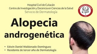 • Edwin Daniel Maldonado Domínguez
• Residente de tercer año de Dermatología
HospitalCivil deCuliacán
Centro de Investigación y Docencia enCiencias de la Salud
Servicio de Dermatología
Alopecia
androgenética
 