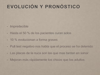EVOLUCIÓN Y PRONÓSTICO 
• Impredecible 
• Hasta el 50 % de los pacientes curan solos 
• 10 % evolucionan a forma graves 
• Pull test negativo nos habla que el proceso se ha detenido 
• Las placas de la nuca son las que mas tardan en sanar 
• Mejoran más rápidamente los chicos que los adultos 
 