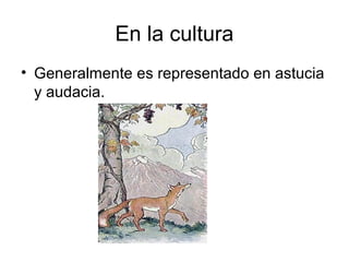 En la cultura
• Generalmente es representado en astucia
y audacia.
 