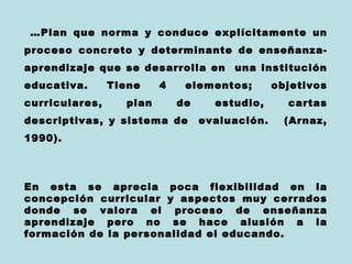 …Plan que norma y conduce explícitamente un
proceso concreto y determinante de enseñanza-
aprendizaje que se desarrolla en       una institución
educativa.      Tiene    4    elementos;        objetivos
curriculares,     plan       de     estudio,      cartas
descriptivas, y sistema de        evaluación.     (Arnaz,
1990).



En esta se aprecia poca flexibilidad en la
concepción curricular y aspectos muy cerrados
donde se valora el proceso de enseñanza
aprendizaje pero no se hace alusión a la
formación de la personalidad el educando.
 