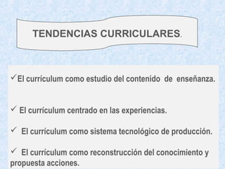 TENDENCIAS CURRICULARES.



El currículum como estudio del contenido de enseñanza.


 El currículum centrado en las experiencias.

 El currículum como sistema tecnológico de producción.

 El currículum como reconstrucción del conocimiento y
propuesta acciones.
 