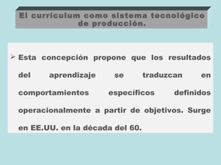 El currículum como sistema tecnológico
              de producción.



 Esta concepción propone que los resultados

 del    aprendizaje     se        traduzcan    en

 comportamientos      específicos        definidos

 operacionalmente a partir de objetivos. Surge

 en EE.UU. en la década del 60.
 
