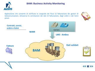 Applicazione che consente di verificare la congruità dei flussi di fatturazione dei gestori di
telecomunicazioni, attraverso la correlazione dei dati di fatturazione, degli ordini e dei listini
prezzi.
Fatture
BAM
Dati validati
Contratti, servizi,
ordini e listini
WAM
LMS - Ambra
Carriers
13
BAM: Business Activity Monitoring
 