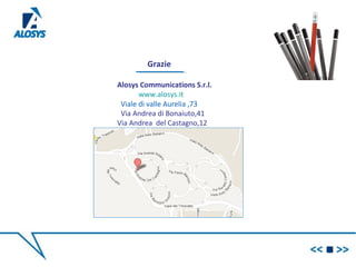 Grazie
Alosys Communications S.r.l.
www.alosys.it
Viale di valle Aurelia ,73
Via Andrea di Bonaiuto,41
Via Andrea del Castagno,12
00142 - Roma
 