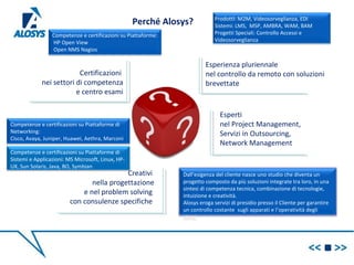 Perché Alosys?
Esperienza pluriennale
nel controllo da remoto con soluzioni
brevettate
Esperti
nel Project Management,
Servizi in Outsourcing,
Network Management
Certificazioni
nei settori di competenza
e centro esami
Creativi
nella progettazione
e nel problem solving
con consulenze specifiche
Competenze e certificazioni su Piattaforme:
HP Open View
Open NMS Nagios
Competenze e certificazioni su Piattaforme di
Networking:
Cisco, Avaya, Juniper, Huawei, Aethra, Marconi
Competenze e certificazioni su Piattaforme di
Sistemi e Applicazioni: MS Microsoft, Linux, HP-
UX, Sun Solaris, Java, BO, Symbian
ProdottI: M2M, Videosorveglianza, EDI
Sistemi: LMS, MSP, AMBRA, WAM, BAM
Progetti Speciali: Controllo Accessi e
Videosorveglianza
Dall’esigenza del cliente nasce uno studio che diventa un
progetto composto da più soluzioni integrate tra loro, in una
sintesi di competenza tecnica, combinazione di tecnologie,
intuizione e creatività.
Alosys eroga servizi di presidio presso il Cliente per garantire
un controllo costante sugli apparati e l’operatività degli
stessi.
 