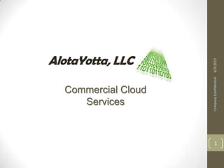 Commercial Cloud
Services
6/3/2013CompanyConfidential
1
AlotaYotta, LLC
 