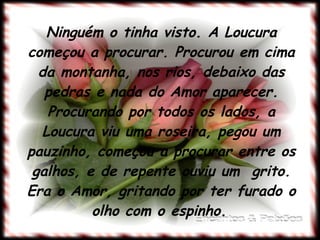 Ninguém o tinha visto. A Loucura começou a procurar. Procurou em cima da montanha, nos rios, debaixo das pedras e nada do Amor aparecer. Procurando por todos os lados, a Loucura viu uma roseira, pegou um pauzinho, começou a procurar entre os galhos, e de repente ouviu um  grito. Era o Amor, gritando por ter furado o olho com o espinho.   