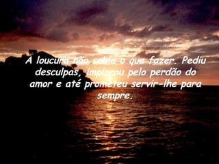 A loucura não sabia o que fazer. Pediu desculpas, implorou pelo perdão do amor e até prometeu servir-lhe para sempre. 