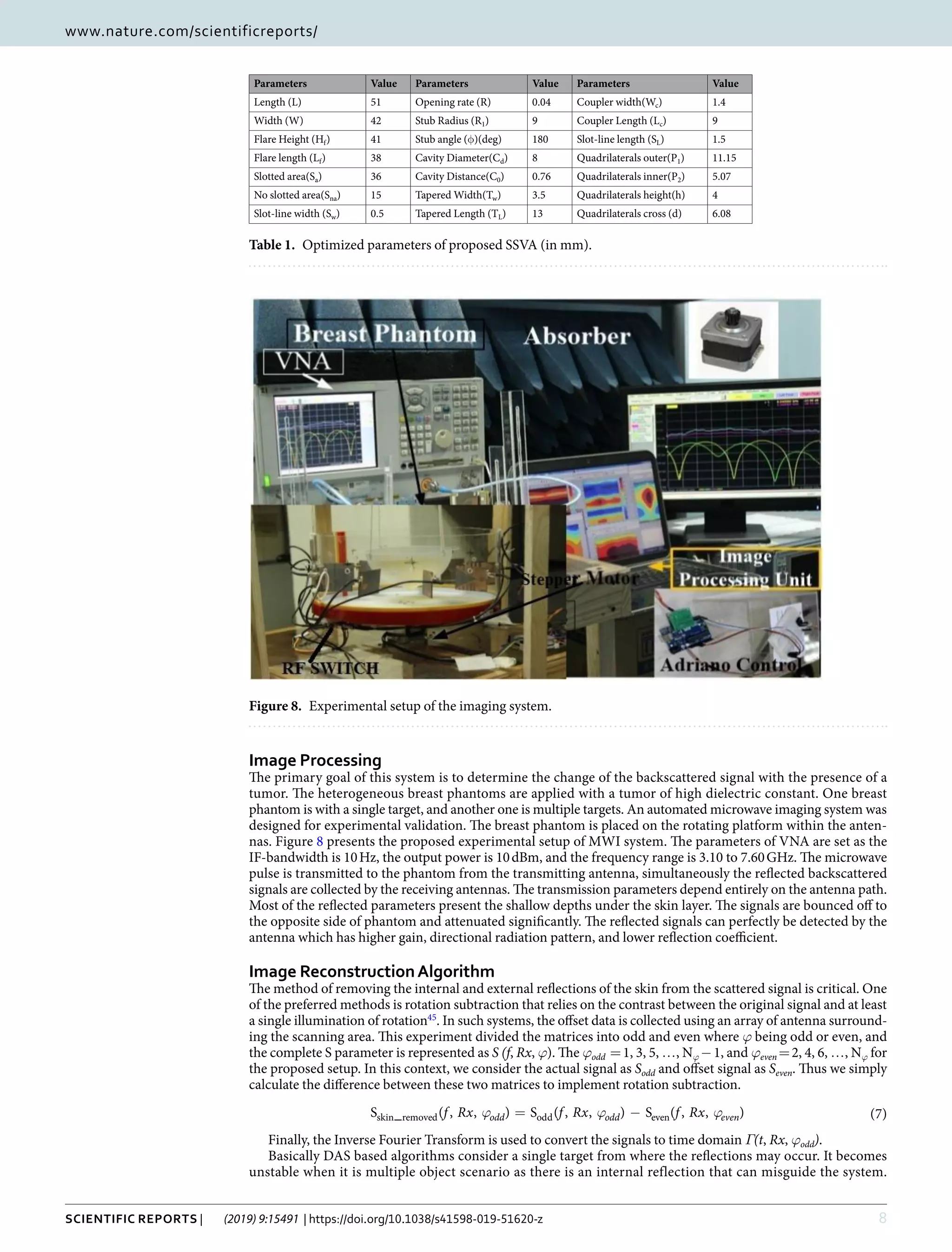 8Scientific Reports | (2019) 9:15491 | https://doi.org/10.1038/s41598-019-51620-z
www.nature.com/scientificreportswww.nature.com/scientificreports/
Image Processing
The primary goal of this system is to determine the change of the backscattered signal with the presence of a
tumor. The heterogeneous breast phantoms are applied with a tumor of high dielectric constant. One breast
phantom is with a single target, and another one is multiple targets. An automated microwave imaging system was
designed for experimental validation. The breast phantom is placed on the rotating platform within the anten-
nas. Figure 8 presents the proposed experimental setup of MWI system. The parameters of VNA are set as the
IF-bandwidth is 10 Hz, the output power is 10 dBm, and the frequency range is 3.10 to 7.60 GHz. The microwave
pulse is transmitted to the phantom from the transmitting antenna, simultaneously the reflected backscattered
signals are collected by the receiving antennas. The transmission parameters depend entirely on the antenna path.
Most of the reflected parameters present the shallow depths under the skin layer. The signals are bounced off to
the opposite side of phantom and attenuated significantly. The reflected signals can perfectly be detected by the
antenna which has higher gain, directional radiation pattern, and lower reflection coefficient.
Image ReconstructionAlgorithm
The method of removing the internal and external reflections of the skin from the scattered signal is critical. One
of the preferred methods is rotation subtraction that relies on the contrast between the original signal and at least
a single illumination of rotation45
. In such systems, the offset data is collected using an array of antenna surround-
ing the scanning area. This experiment divided the matrices into odd and even where ϕ being odd or even, and
the complete S parameter is represented as S (f, Rx, ϕ). The ϕodd  = 1, 3, 5, …, Nϕ − 1, and ϕeven = 2, 4, 6, …, Nϕ for
the proposed setup. In this context, we consider the actual signal as Sodd and offset signal as Seven. Thus we simply
calculate the difference between these two matrices to implement rotation subtraction.
ϕ ϕ ϕ= −f Rx f Rx f RxS _ ( , , ) S ( , , ) S ( , , ) (7)odd odd evenskin removed odd even
Finally, the Inverse Fourier Transform is used to convert the signals to time domain Γ(t, Rx, ϕodd).
Basically DAS based algorithms consider a single target from where the reflections may occur. It becomes
unstable when it is multiple object scenario as there is an internal reflection that can misguide the system.
Parameters Value Parameters Value Parameters Value
Length (L) 51 Opening rate (R) 0.04 Coupler width(Wc) 1.4
Width (W) 42 Stub Radius (R1) 9 Coupler Length (Lc) 9
Flare Height (Hf) 41 Stub angle (φ)(deg) 180 Slot-line length (SL) 1.5
Flare length (Lf) 38 Cavity Diameter(Cd) 8 Quadrilaterals outer(P1) 11.15
Slotted area(Sa) 36 Cavity Distance(C0) 0.76 Quadrilaterals inner(P2) 5.07
No slotted area(Sna) 15 Tapered Width(Tw) 3.5 Quadrilaterals height(h) 4
Slot-line width (Sw) 0.5 Tapered Length (TL) 13 Quadrilaterals cross (d) 6.08
Table 1.  Optimized parameters of proposed SSVA (in mm).
Figure 8.  Experimental setup of the imaging system.
 