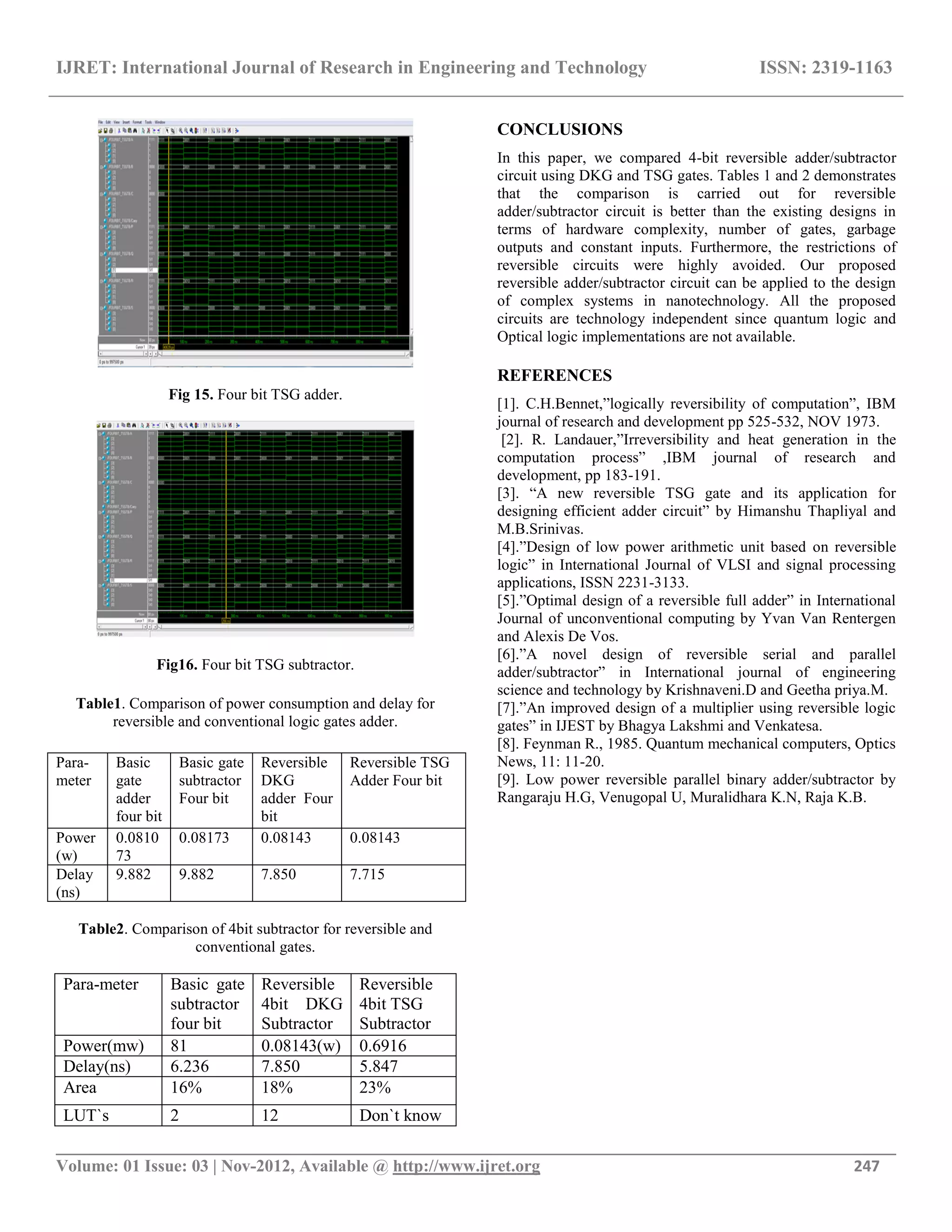 IJRET: International Journal of Research in Engineering and Technology ISSN: 2319-1163
__________________________________________________________________________________________
Volume: 01 Issue: 03 | Nov-2012, Available @ http://www.ijret.org 247
Fig 15. Four bit TSG adder.
Fig16. Four bit TSG subtractor.
Table1. Comparison of power consumption and delay for
reversible and conventional logic gates adder.
Table2. Comparison of 4bit subtractor for reversible and
conventional gates.
Para-meter Basic gate
subtractor
four bit
Reversible
4bit DKG
Subtractor
Reversible
4bit TSG
Subtractor
Power(mw) 81 0.08143(w) 0.6916
Delay(ns) 6.236 7.850 5.847
Area 16% 18% 23%
LUT`s 2 12 Don`t know
CONCLUSIONS
In this paper, we compared 4-bit reversible adder/subtractor
circuit using DKG and TSG gates. Tables 1 and 2 demonstrates
that the comparison is carried out for reversible
adder/subtractor circuit is better than the existing designs in
terms of hardware complexity, number of gates, garbage
outputs and constant inputs. Furthermore, the restrictions of
reversible circuits were highly avoided. Our proposed
reversible adder/subtractor circuit can be applied to the design
of complex systems in nanotechnology. All the proposed
circuits are technology independent since quantum logic and
Optical logic implementations are not available.
REFERENCES
[1]. C.H.Bennet,”logically reversibility of computation”, IBM
journal of research and development pp 525-532, NOV 1973.
[2]. R. Landauer,”Irreversibility and heat generation in the
computation process” ,IBM journal of research and
development, pp 183-191.
[3]. “A new reversible TSG gate and its application for
designing efficient adder circuit” by Himanshu Thapliyal and
M.B.Srinivas.
[4].”Design of low power arithmetic unit based on reversible
logic” in International Journal of VLSI and signal processing
applications, ISSN 2231-3133.
[5].”Optimal design of a reversible full adder” in International
Journal of unconventional computing by Yvan Van Rentergen
and Alexis De Vos.
[6].”A novel design of reversible serial and parallel
adder/subtractor” in International journal of engineering
science and technology by Krishnaveni.D and Geetha priya.M.
[7].”An improved design of a multiplier using reversible logic
gates” in IJEST by Bhagya Lakshmi and Venkatesa.
[8]. Feynman R., 1985. Quantum mechanical computers, Optics
News, 11: 11-20.
[9]. Low power reversible parallel binary adder/subtractor by
Rangaraju H.G, Venugopal U, Muralidhara K.N, Raja K.B.
Para-
meter
Basic
gate
adder
four bit
Basic gate
subtractor
Four bit
Reversible
DKG
adder Four
bit
Reversible TSG
Adder Four bit
Power
(w)
0.0810
73
0.08173 0.08143 0.08143
Delay
(ns)
9.882 9.882 7.850 7.715
 